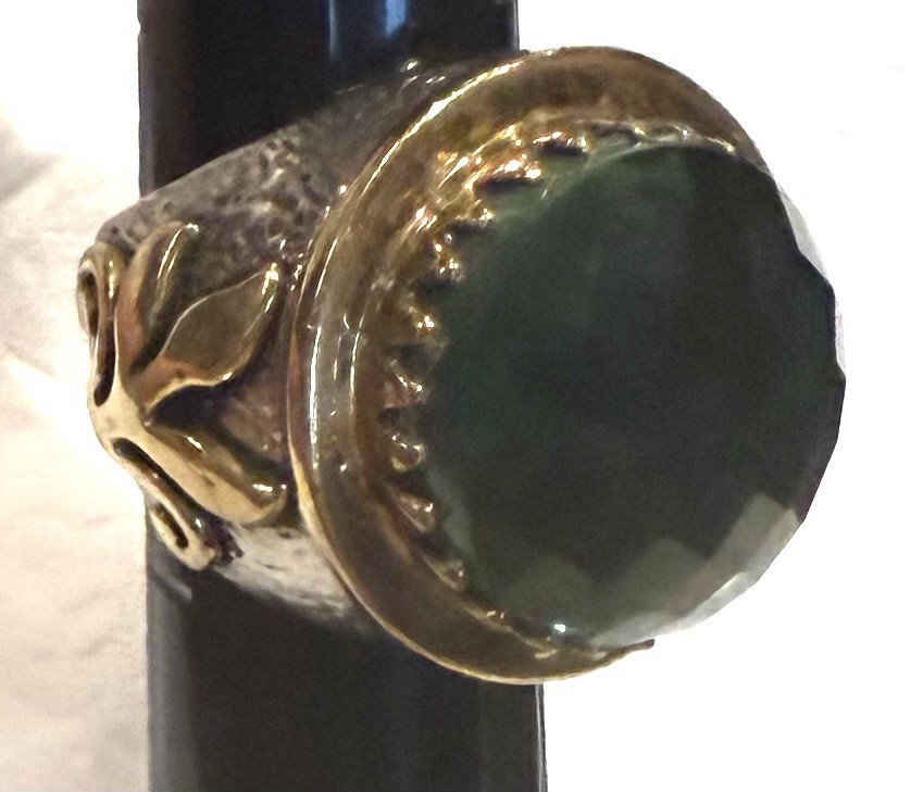 Vintage Silver & Brass Artisan Statement Ring – Large Blue Topaz 14 Grams 6.5
