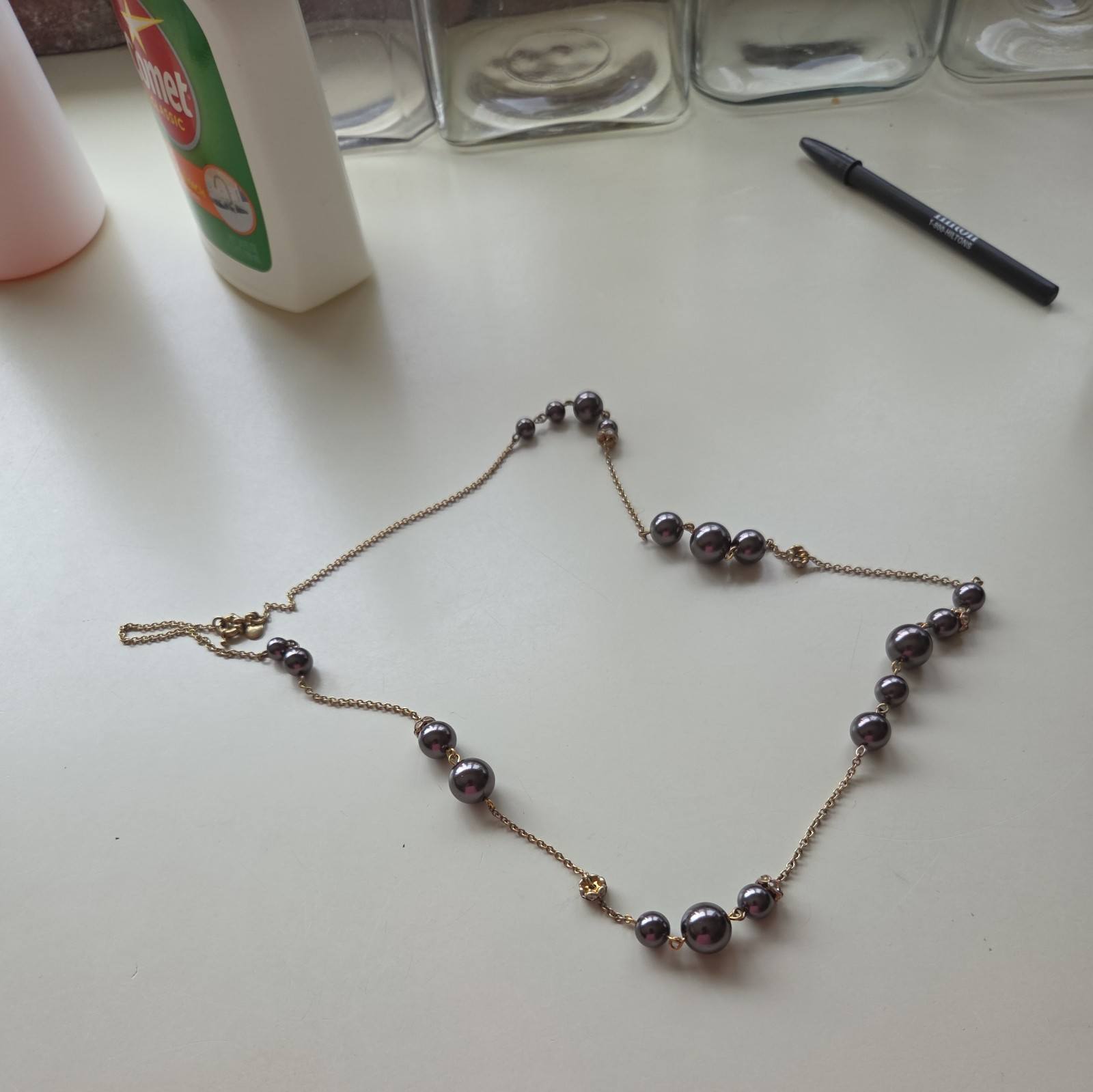 J CREW OPERA LENGTH GREY PEARL AND CRYSTALS ON CHAIN NECKLACE GOLD METAL 34”