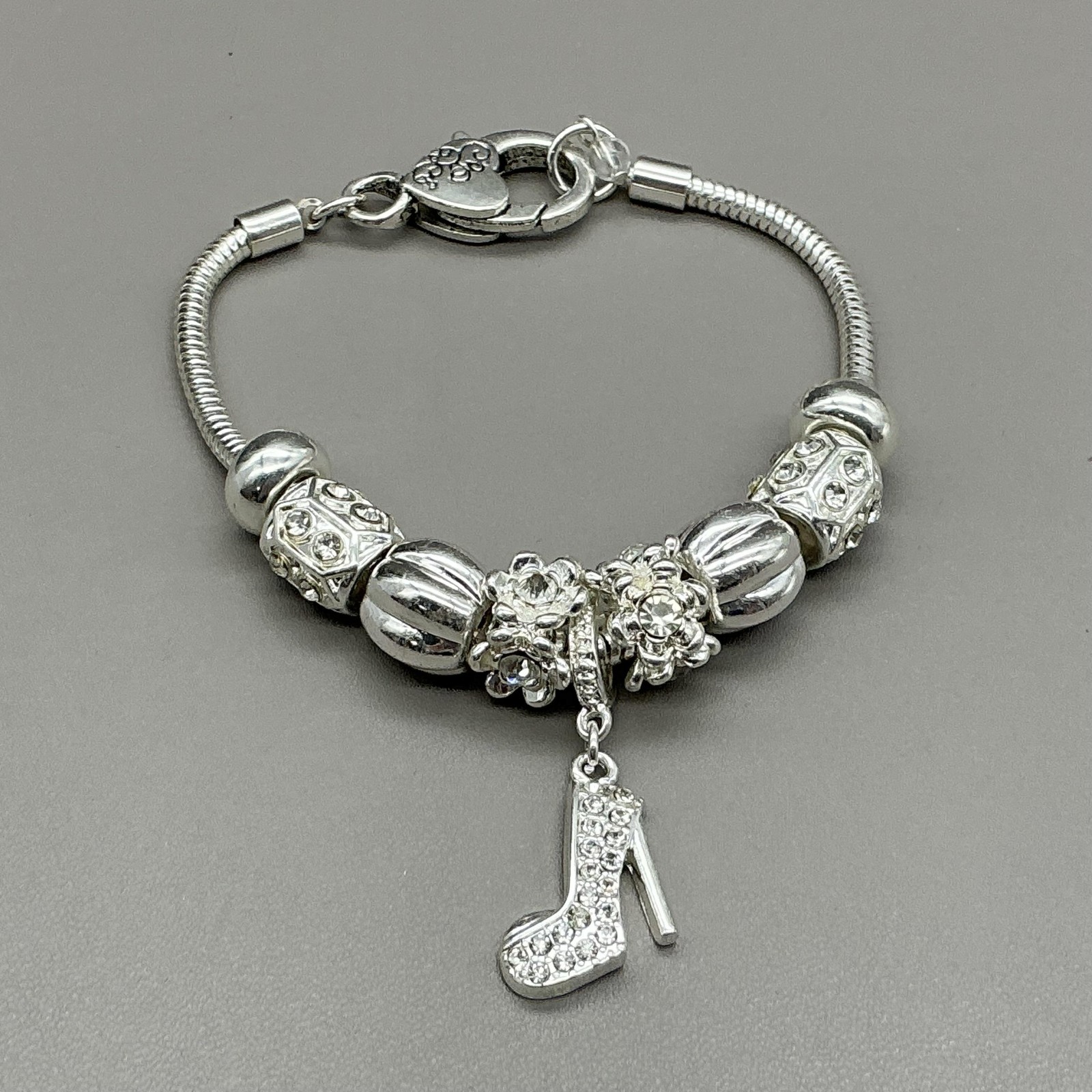 Bracelet Silver Tone Crystal Charm Chain High Heel Shoe Womens Jewelry 8 Inch
