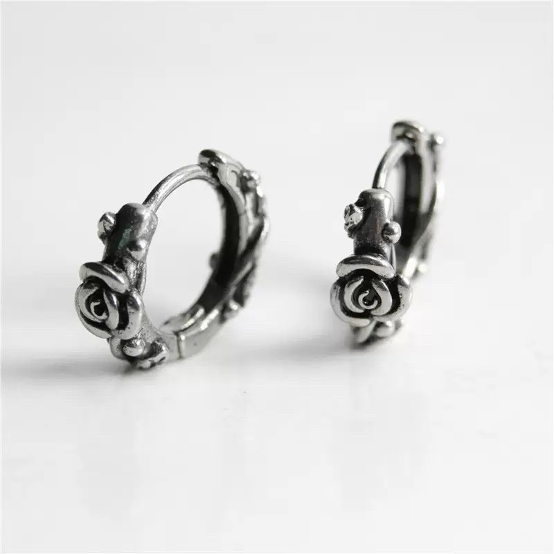 10mm Vintage Rose Huggie Hoop Earrings 925 Silver Floral Lobe & Cartilage 458