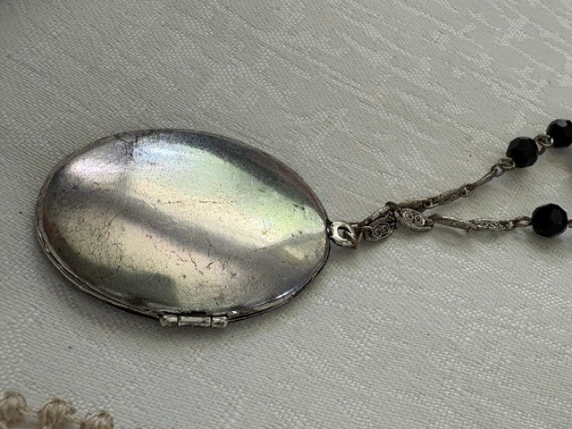 Ann Taylor LOFT 29” Double Chain Silvertone Filigree Necklace with Locket, 1.75″