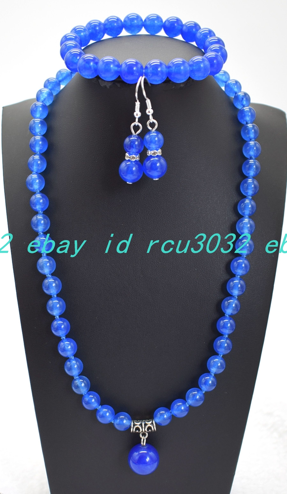 8mm Blue Jade Round Beads Gemstone Bracelet Earrings Necklace 16-36/7.5in Set