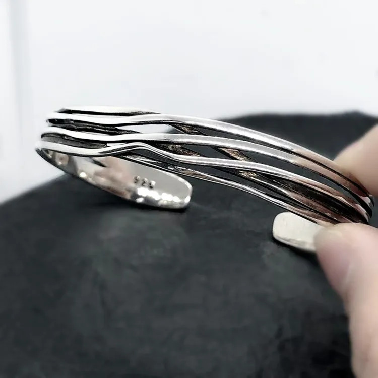 Retro Wave Bracelet 925 Sterling Silver Braided Bangle Geometric Opening Cuff