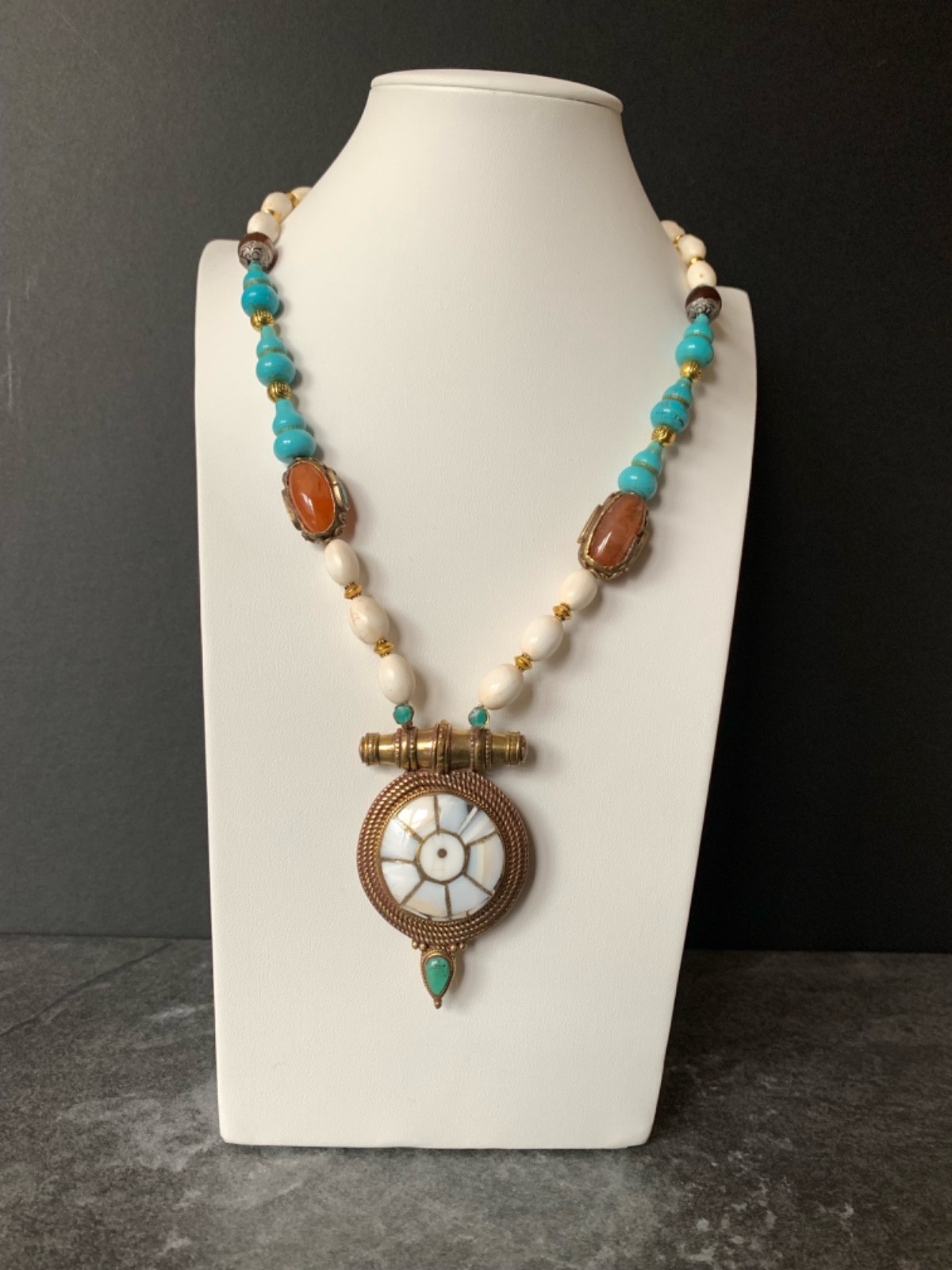 Tibetan Brass & Naga Conch Dharma Wheel, 20 ” Necklace 25