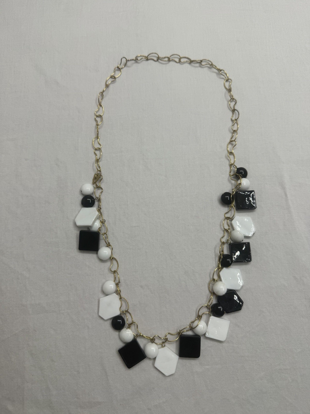 Black White Gold Beaded Statement Necklace Geometric Shapes Cable Chain 19-24 in