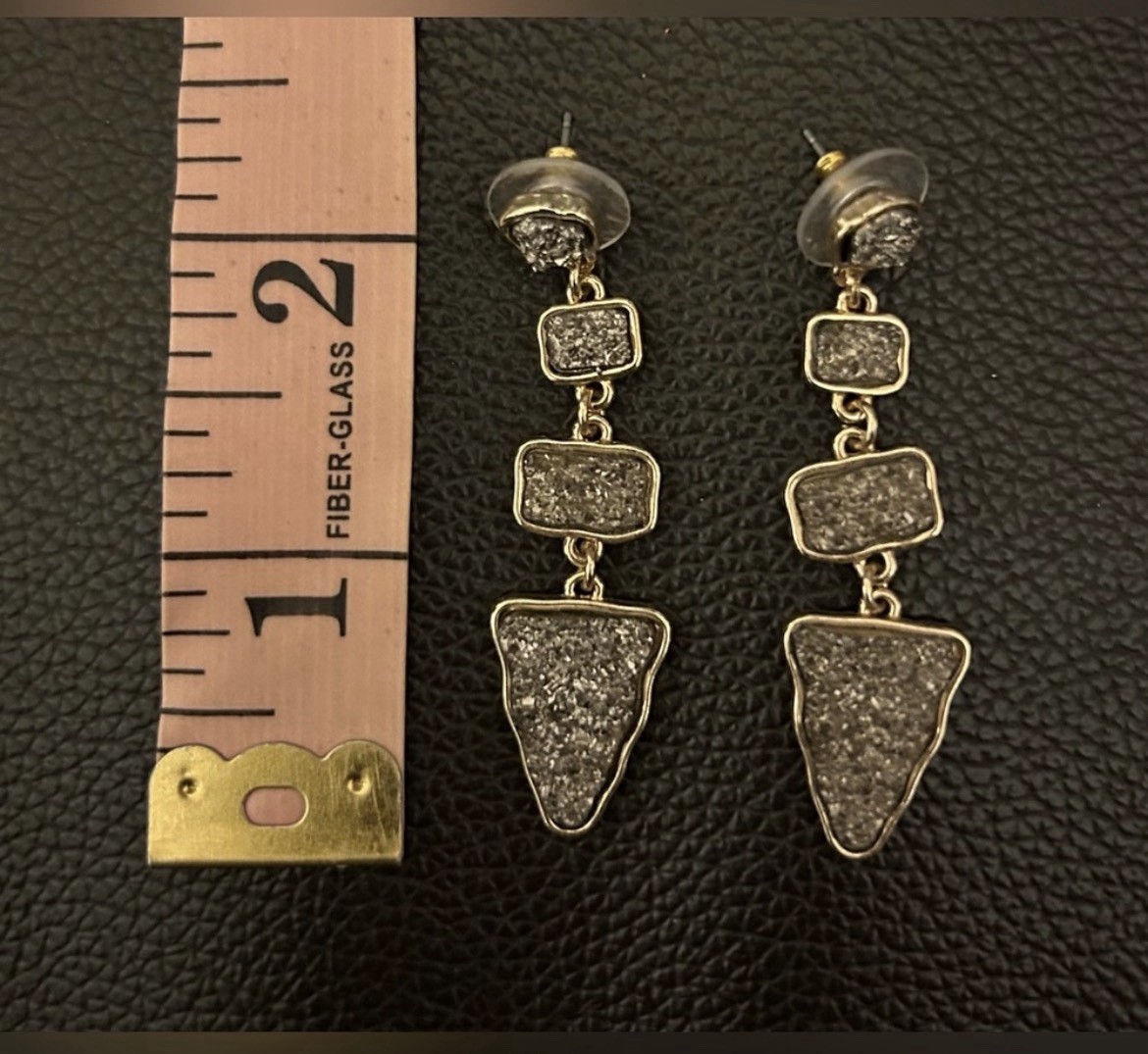 Gray Druzy Silver-Tone Three Layer Dangle Stud Earrings.