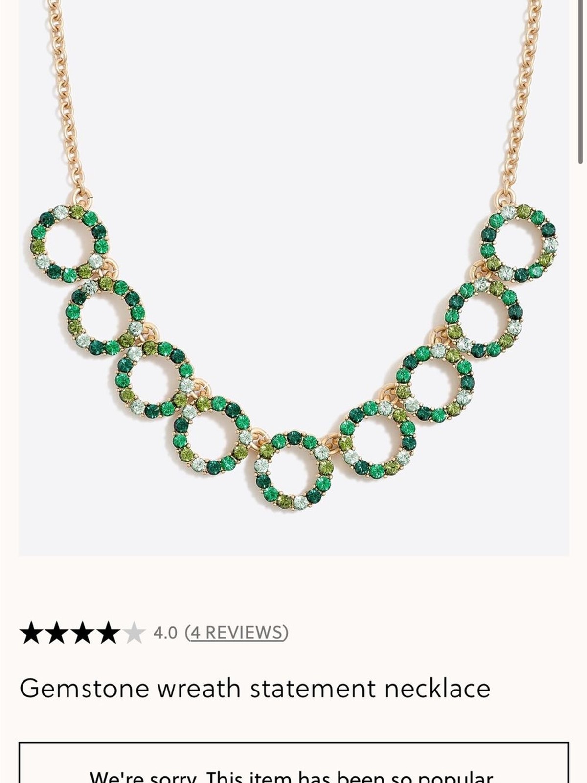J. Crew Green Wreath Gold-Tone Necklace- Dark + Lime Green Crystal Circles NWT