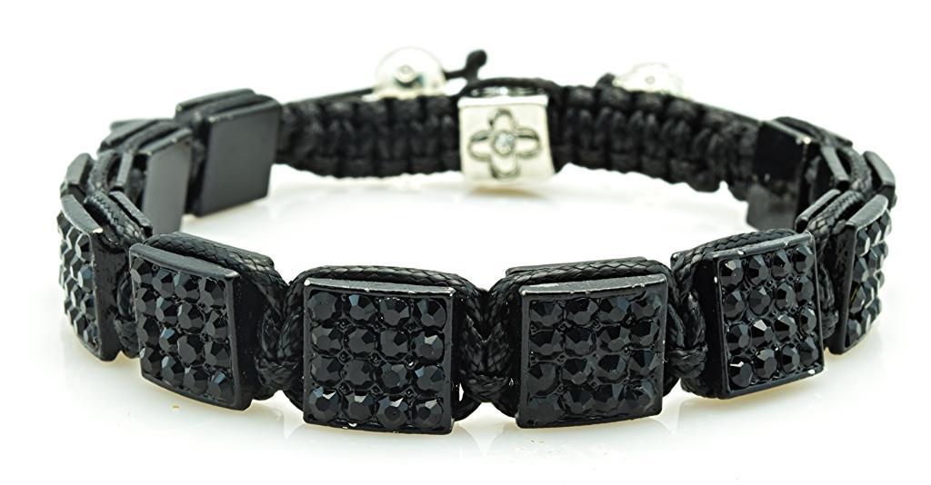 Mens Womens Black Rhinestone Pave Square Bead Cuff Bracelet Adjustable