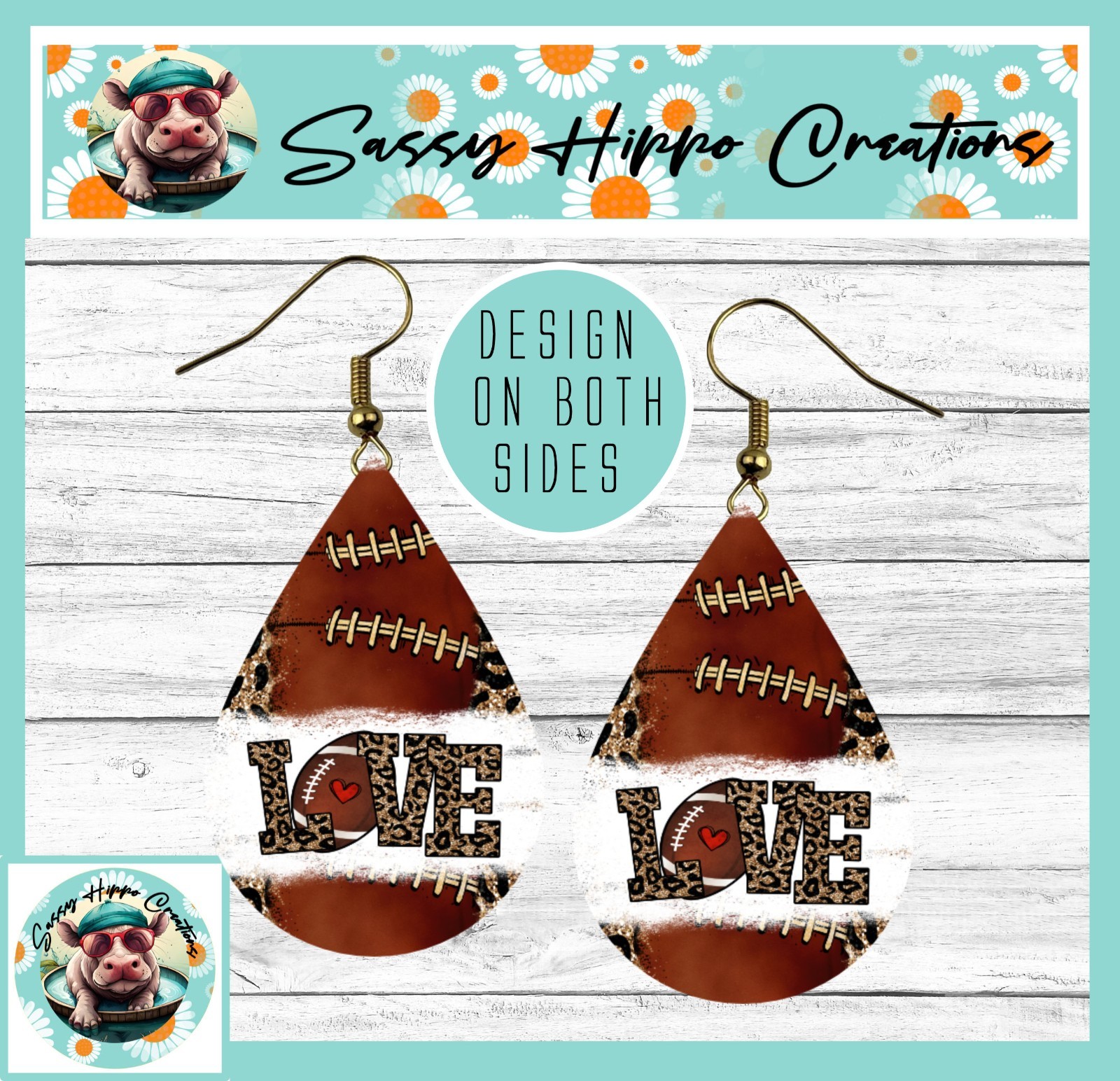 Earrings Teardrop Gold Hook Backs Football Love Momma Mom Sports MDF Sublimate