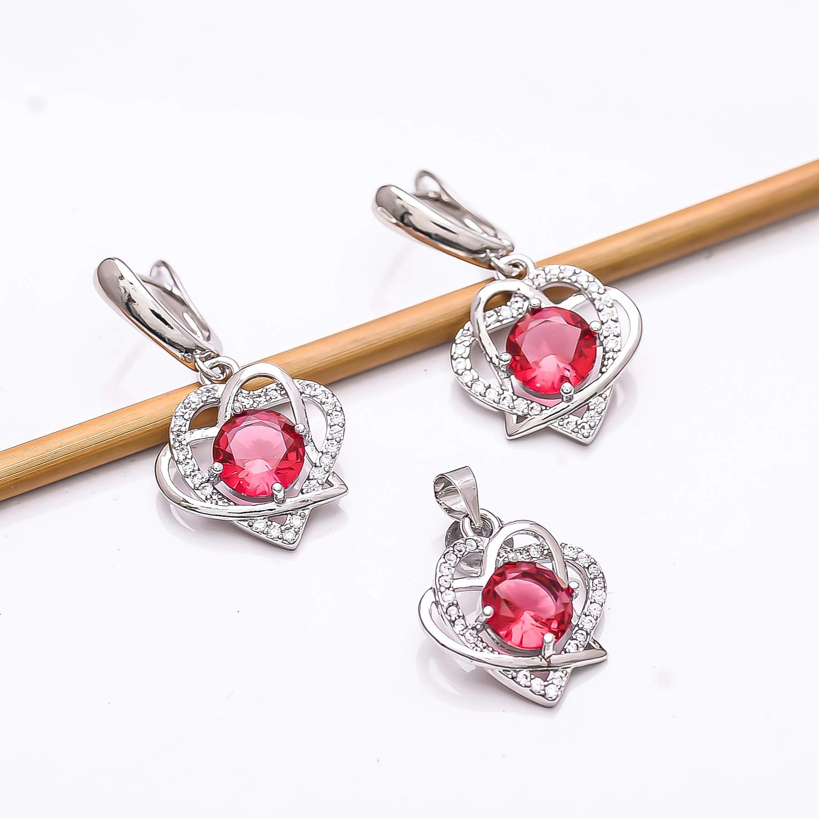 Pink Rubellite Tourmaline, CZ 925 Silver Pendant Earring Set P, Christmas Gift