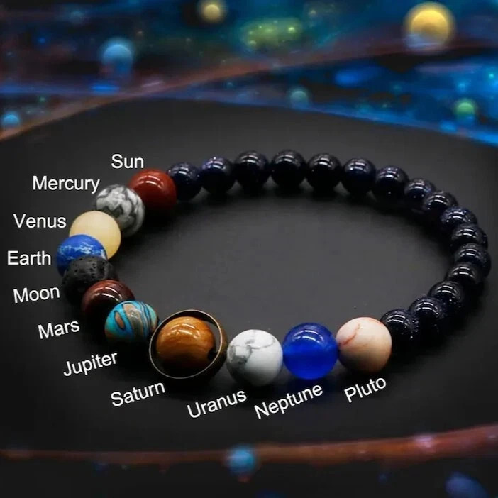Universe Galaxy the Nine Planets Solar System Blue Sandstone Healing Bracelet