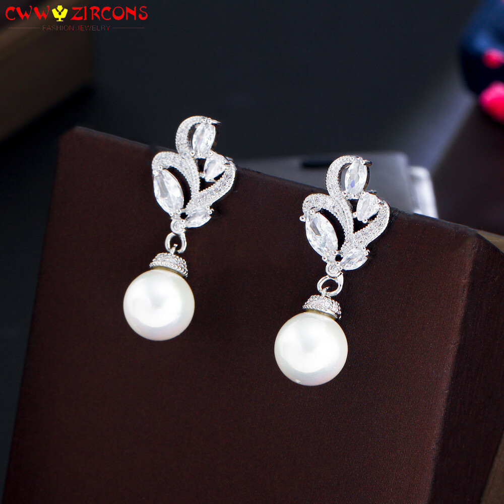 Lovely White Gold Plated Cubic Zirconia Pearl Dangle Earring Jewelry Accessories