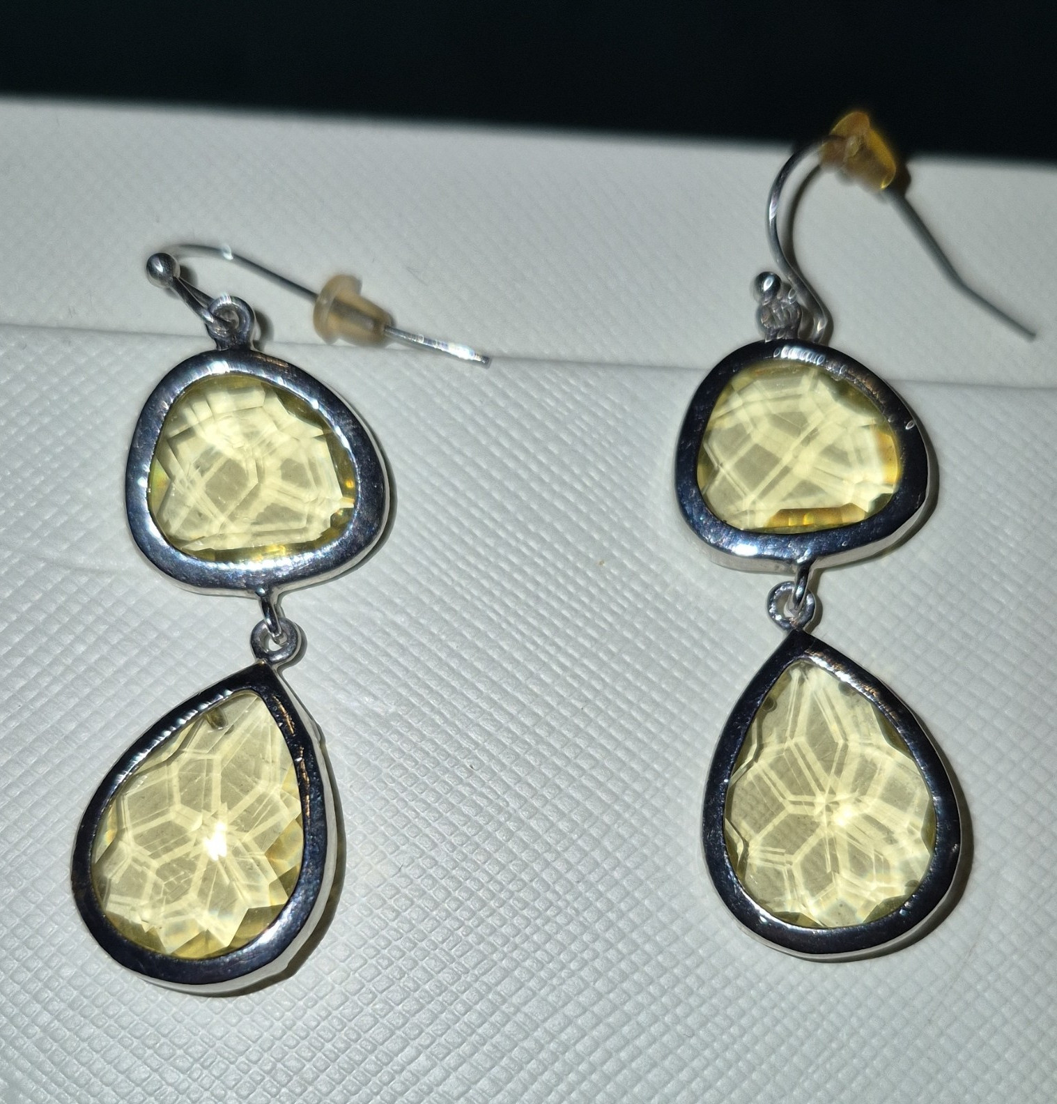 Silver Tone Double Drop Dangle Hook Earrings w/ Yellow Teardrop Crystals