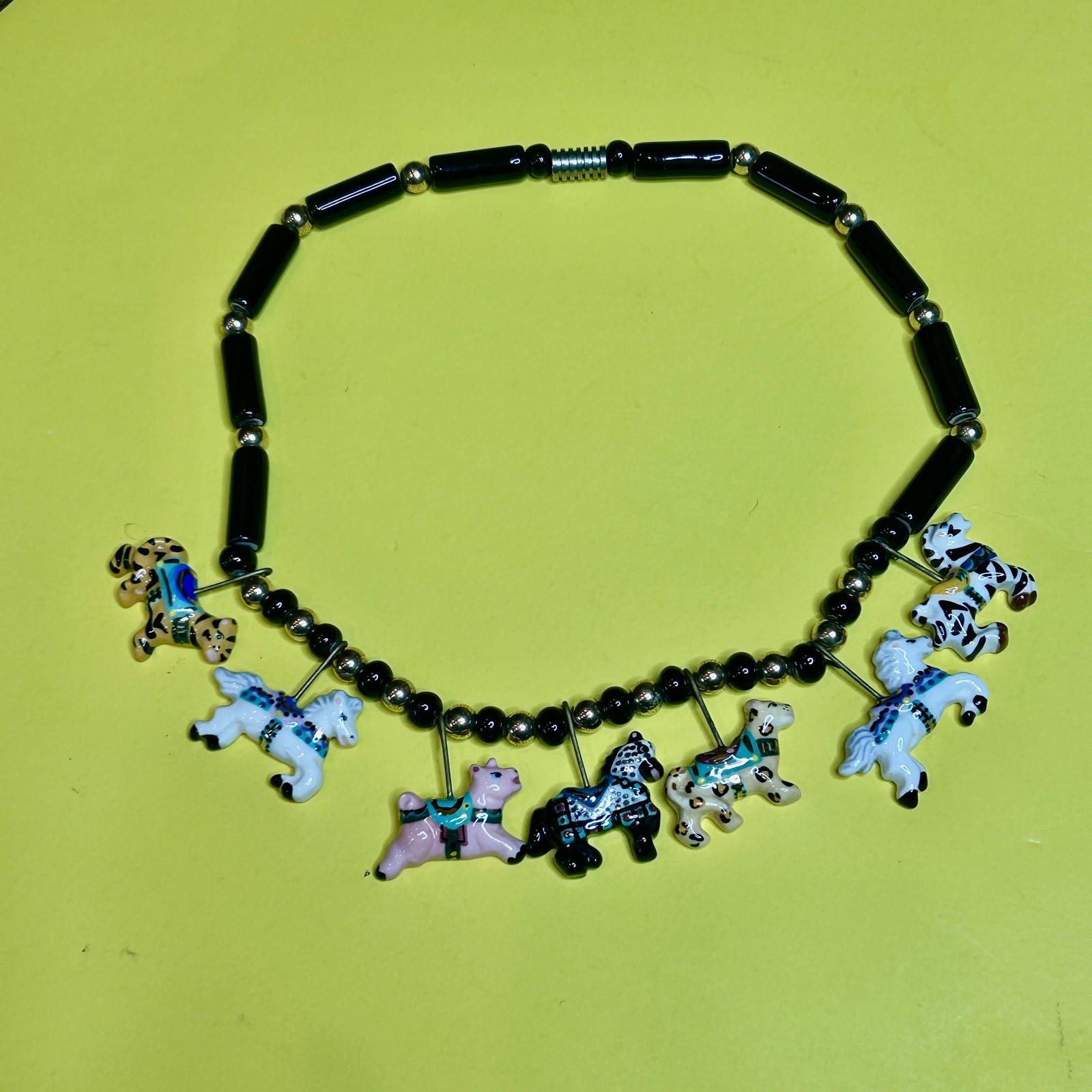 Vintage Ceramic “Flying Colors” Carousel Animals Necklace Horse Lion Zebra