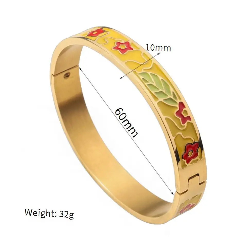 Stainless Steel Enamel Cuff Bangle Women Gold Tone Geometric Round Jewelry