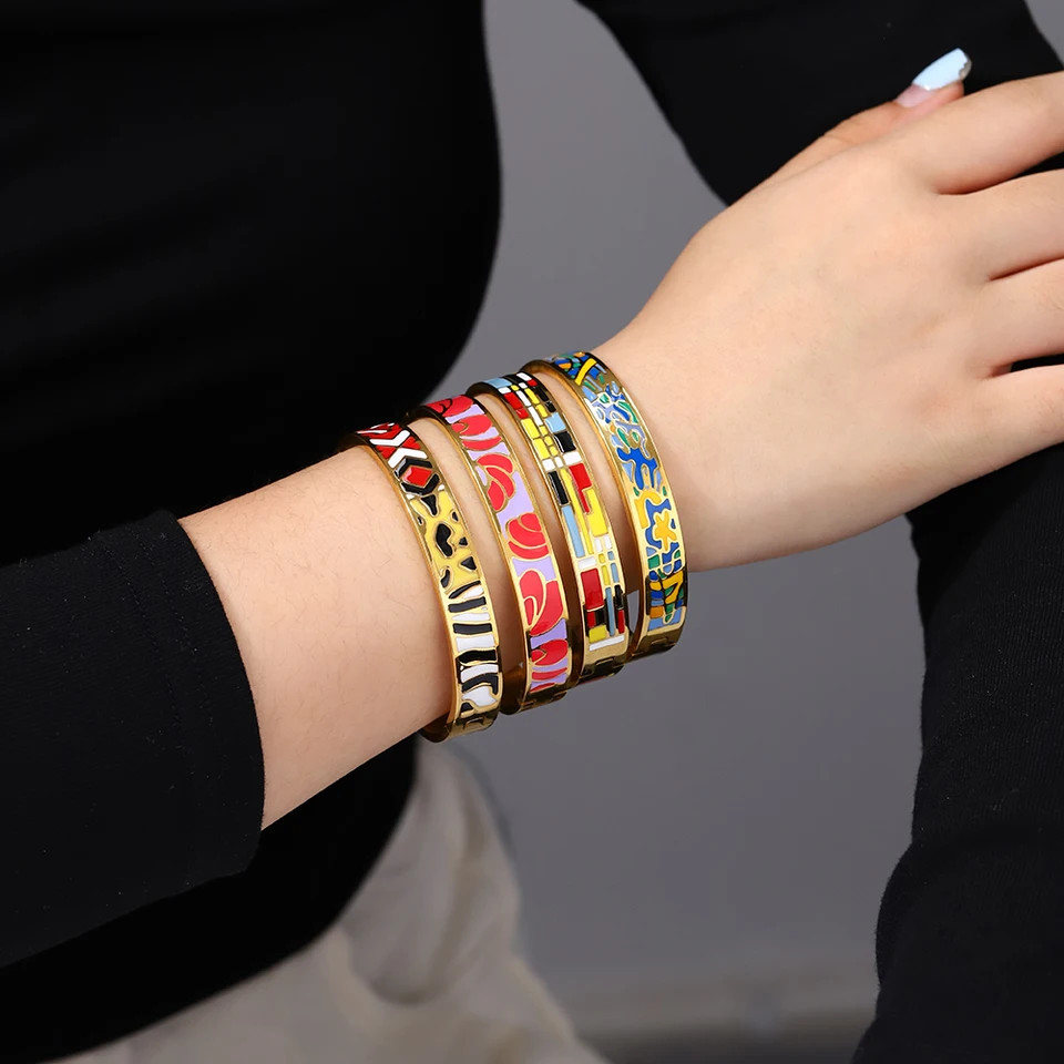 Stainless Steel Enamel Cuff Bangle Women Gold Tone Geometric Round Jewelry