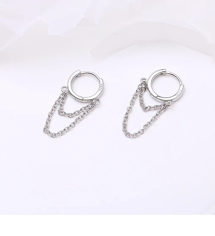 925 Sterling Silver Double Chain Huggie Hoop Earrings Dangle Drop Women Gift
