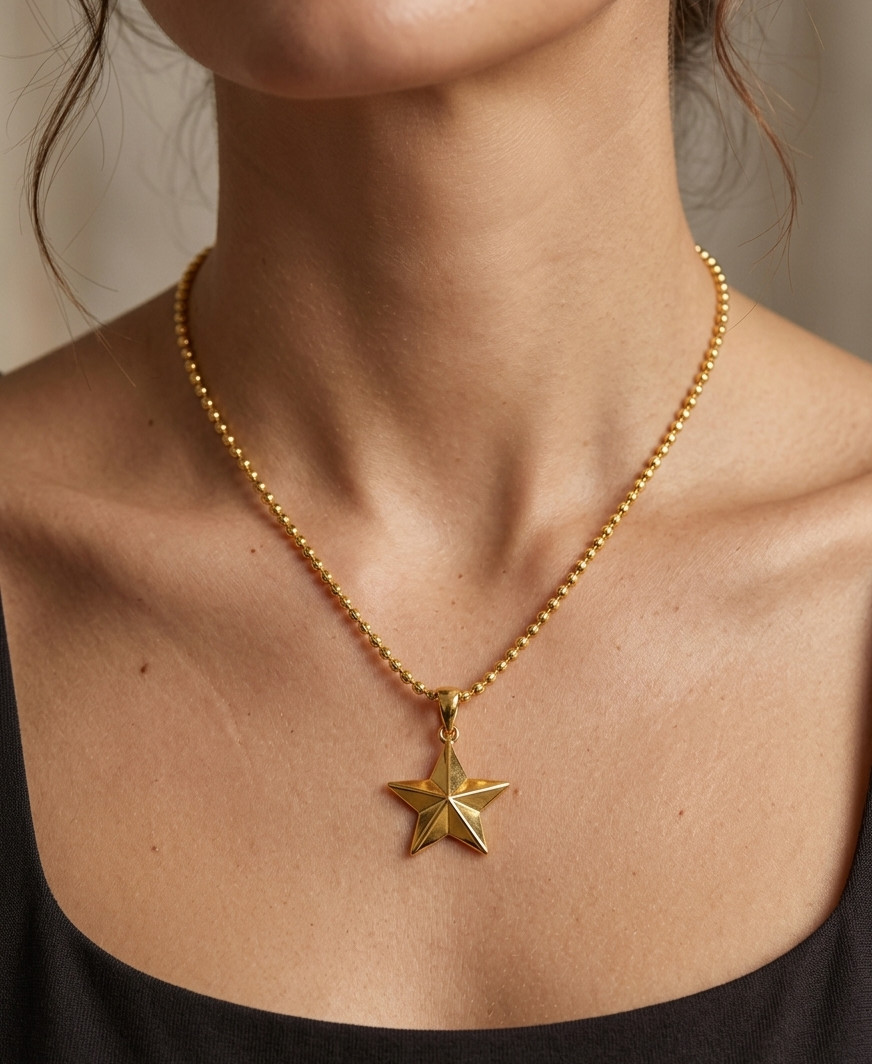 Handmade Pure Brass Star Fancy Unique Pendent Gold Color Comes With Chain.