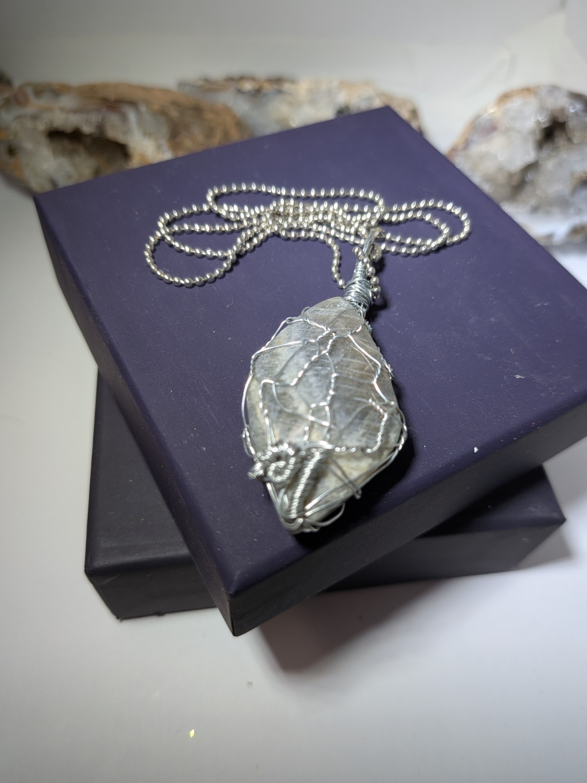 Handcrafted Wire Wrapped Natural purple labradorite Pendant Ball Chain Necklace