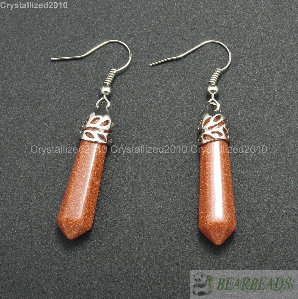 Natural Gemstone Hexagonal Pointed Reiki Chakra Healing Beads Silver Earrings