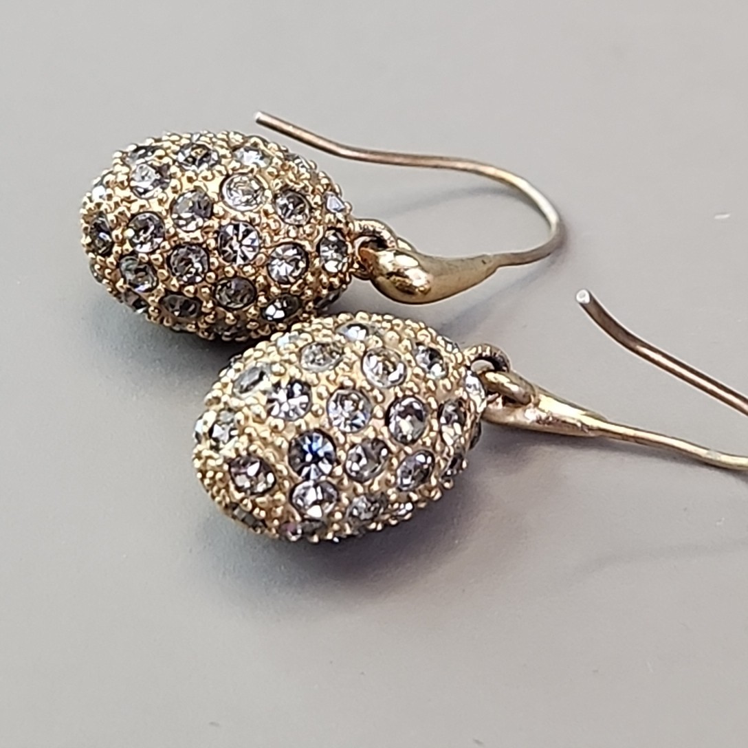 Rhinestone Egg Pierced Earrings Clear Pave Dangle Gold Tone 1″