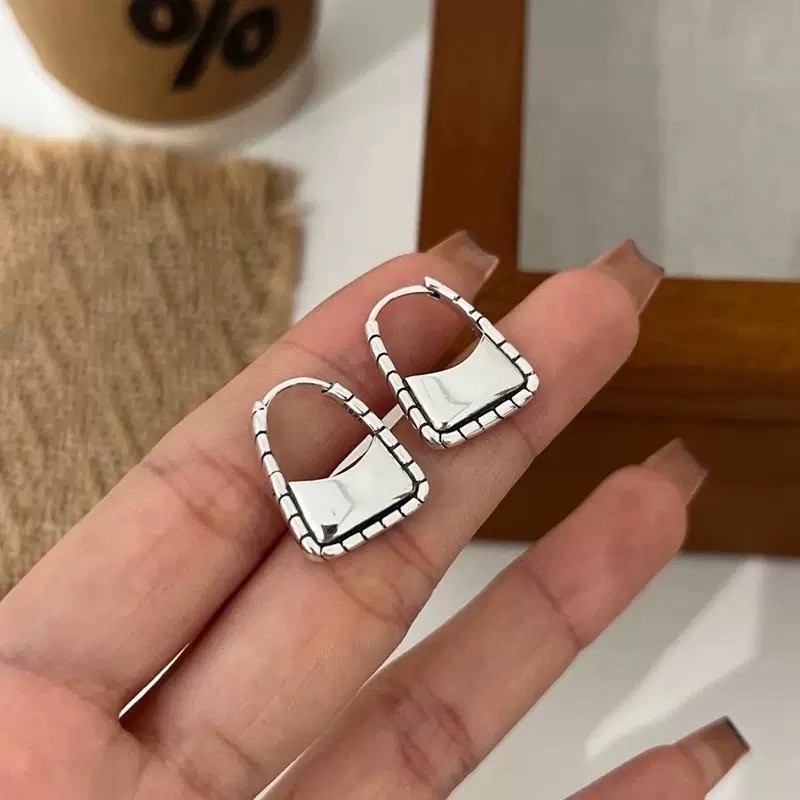 925 Sterling Silver Vintage Square handbag Earrings Geometric Huggie Hoops 394