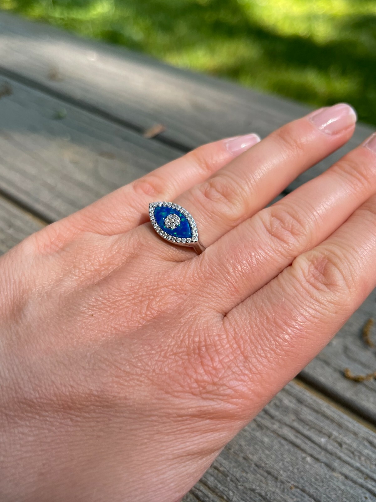 Real 925 Silver Evil Eye Blue Opal CZ Ring Girls Ladies Size 5 6 7 8 9 10