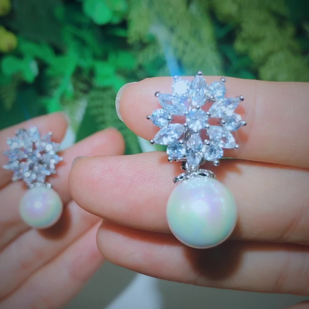 Cwwzircons Cz Crystal Pearl Flower Non Pierced Clip On Drop Earrings for Women