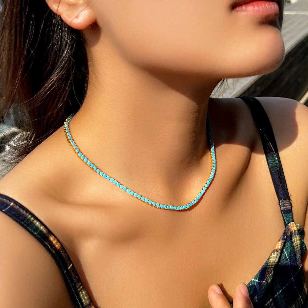 Yellow Gold Plated 3mm Round Turquoises Tennis Chain Choker Necklace for Women