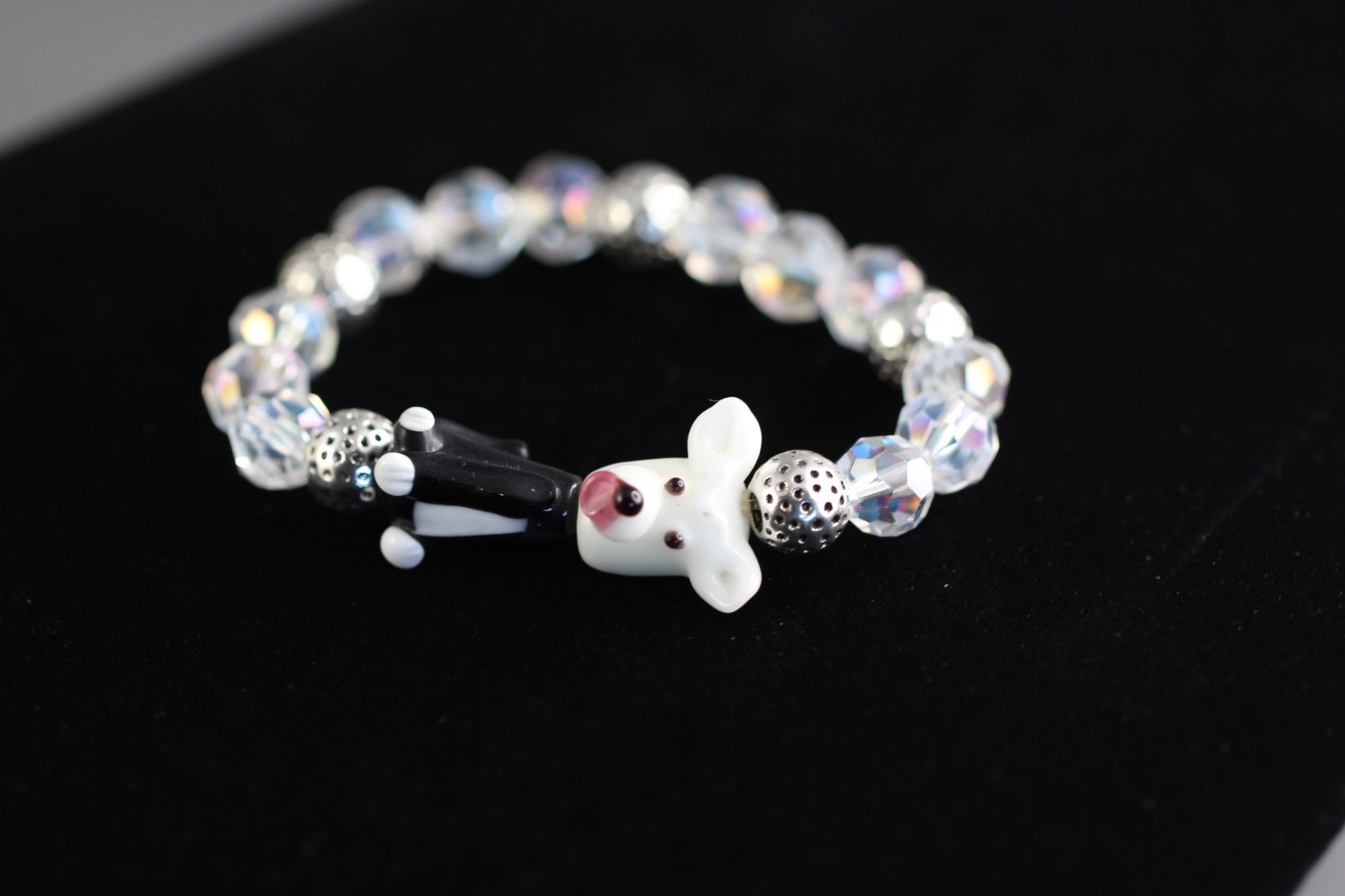 Dog Bracelet Black Lampwork 6.5″ inch Elastic Glass Beads 10mm Faceted Crystal