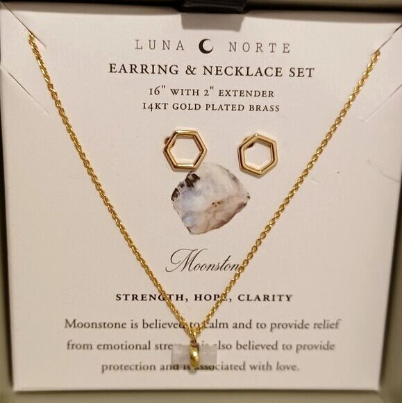 Luna Norte Necklace Stud Earrings Set Moonstone Pendant/Hexagon 14K Gold-Plated