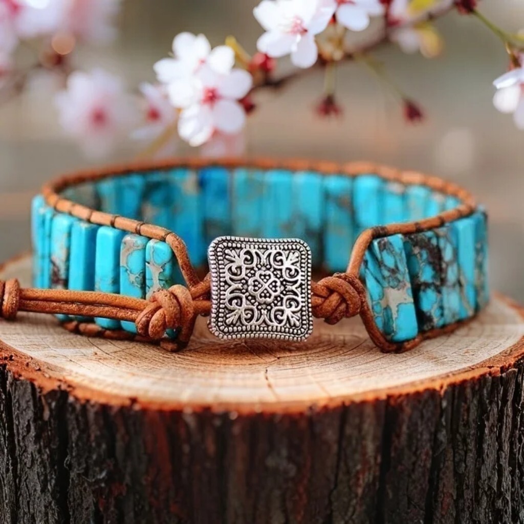 Handmade Natural Turquoise Leather Braided Bracelet for Protection Healing Gift