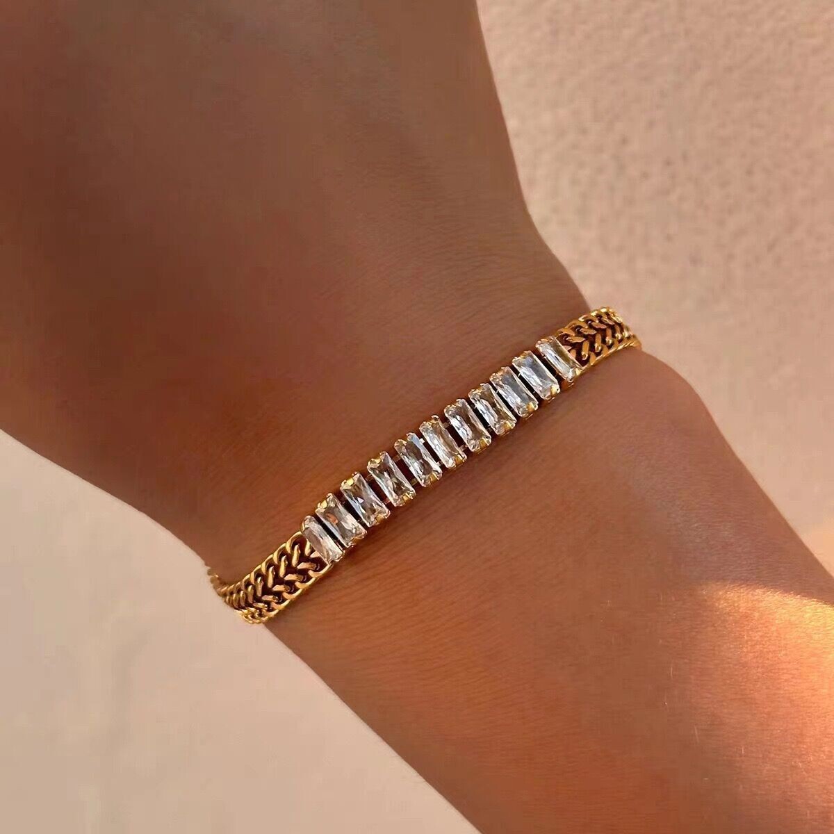 Woman 14K Gold Plated Stainless Steel CZ Braided Mesh Bangle Bracelet 8.8”