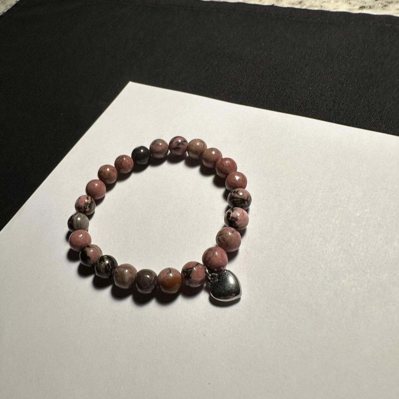Beaded Semi Precious Gem Stone Stretchy Bracelet 6 3/8 Inch Heart Charm