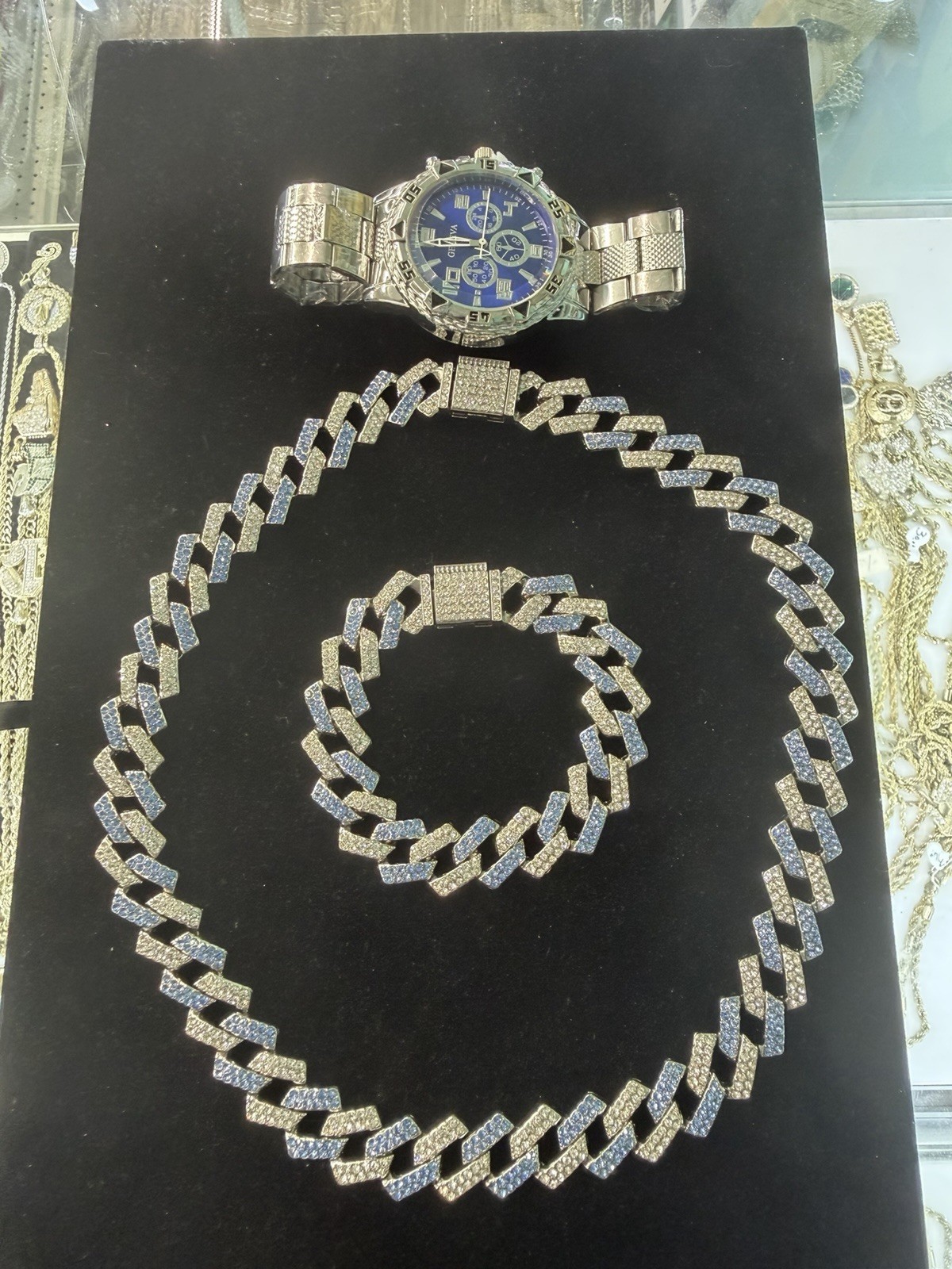 Geneva Silver Tone Iced Out Rhinestone Necklace Bracelet Cross Pendant Ring Set