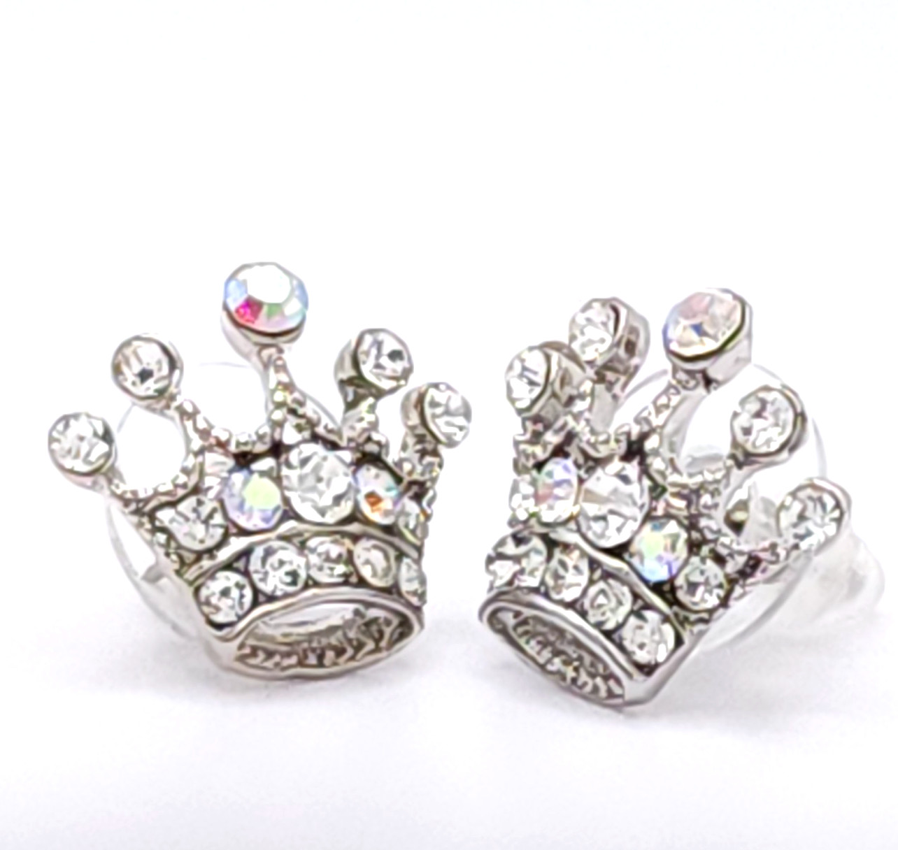Sparkling Silver Tone Rhinestone Crown Stud Earrings Princess Style