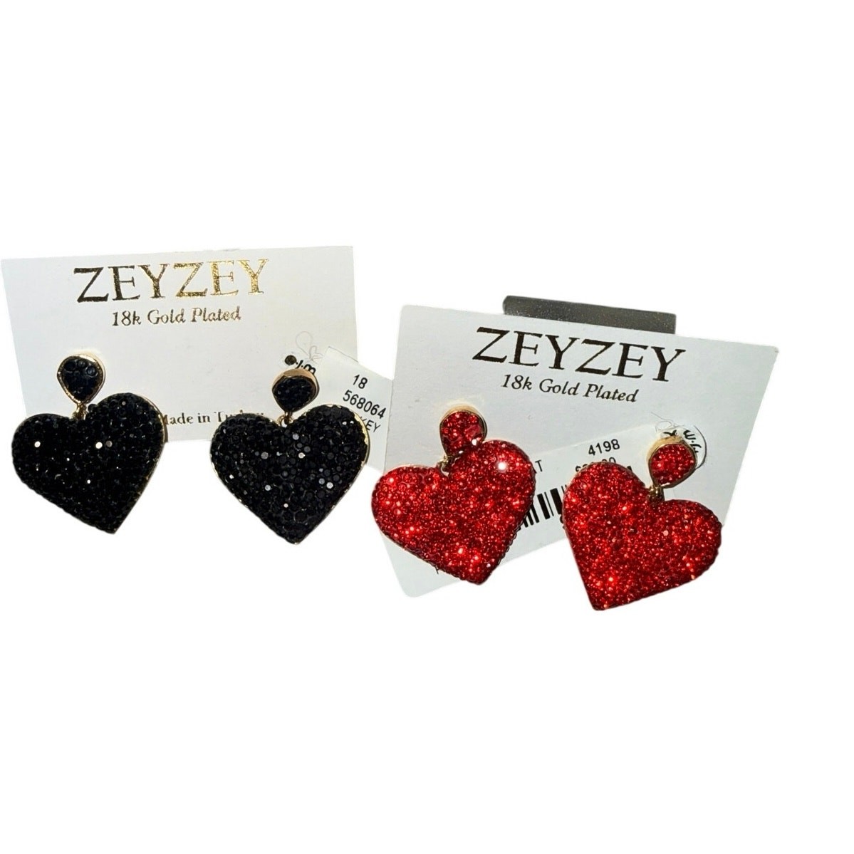 NWT ZEYZEY Red Black CZ Pave Heart Earrings 18K Gold Plated Set Gift Sparkly