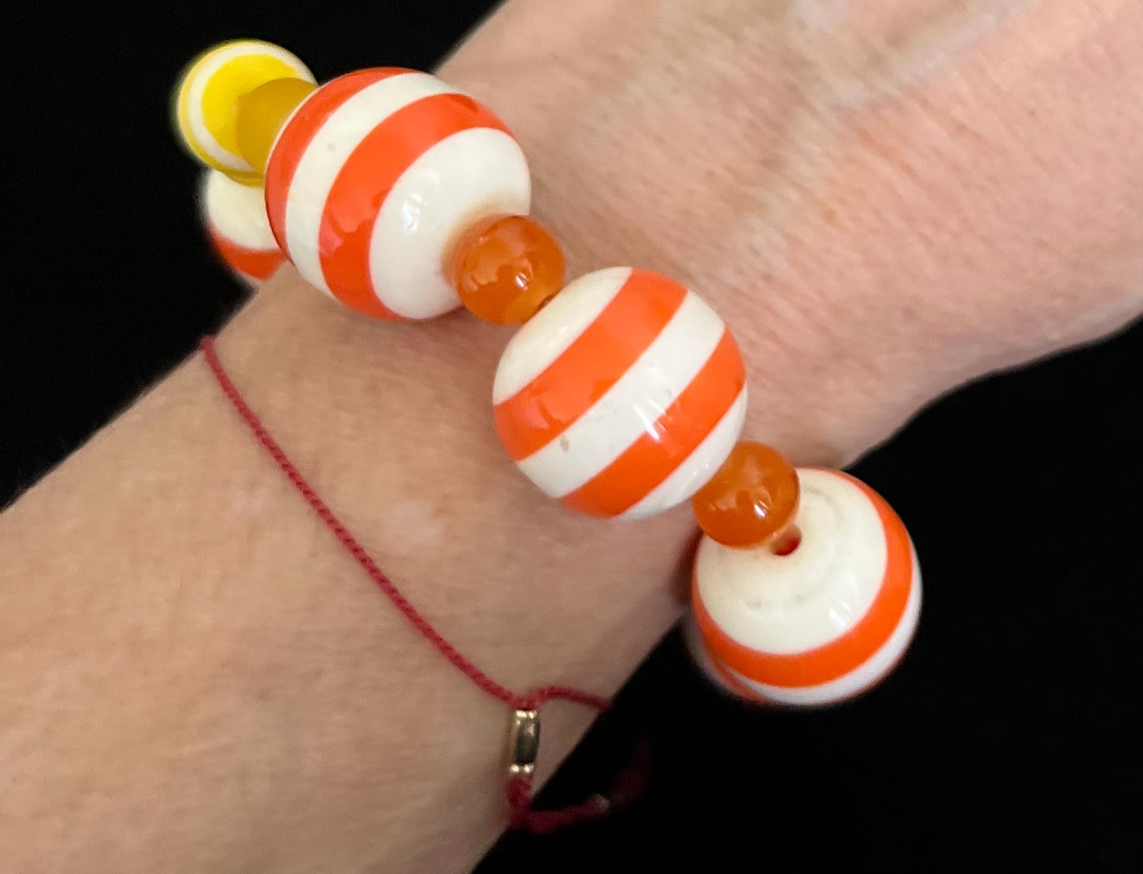 Orange and White Striped Acrylic & Glass Ball Stretch Bracelet