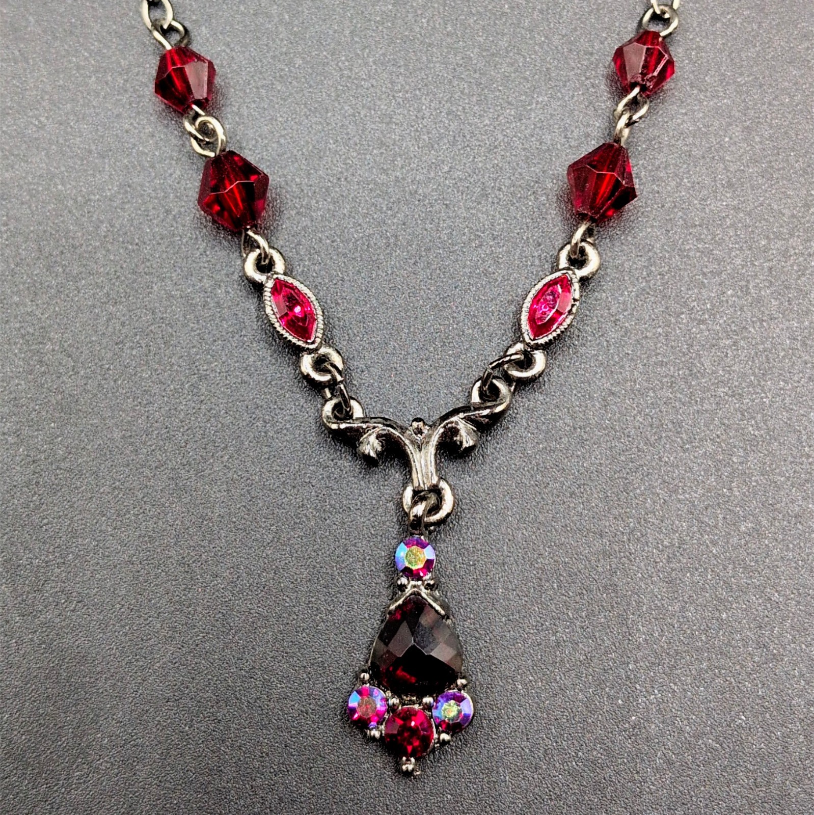 Necklace 1928 Gunmetal Silver Tone Y-Drop Red Beads Aurora Borealis Rhinestones