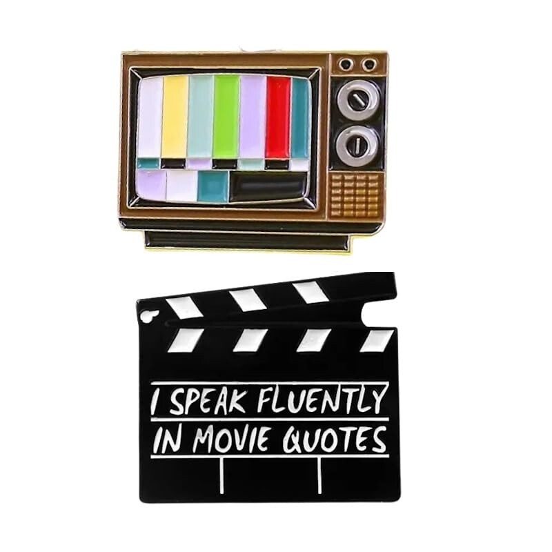 2pcs Enamel Pins, Vintage TV & Movie Clacker “I Speak Fluently in Movie Quotes”