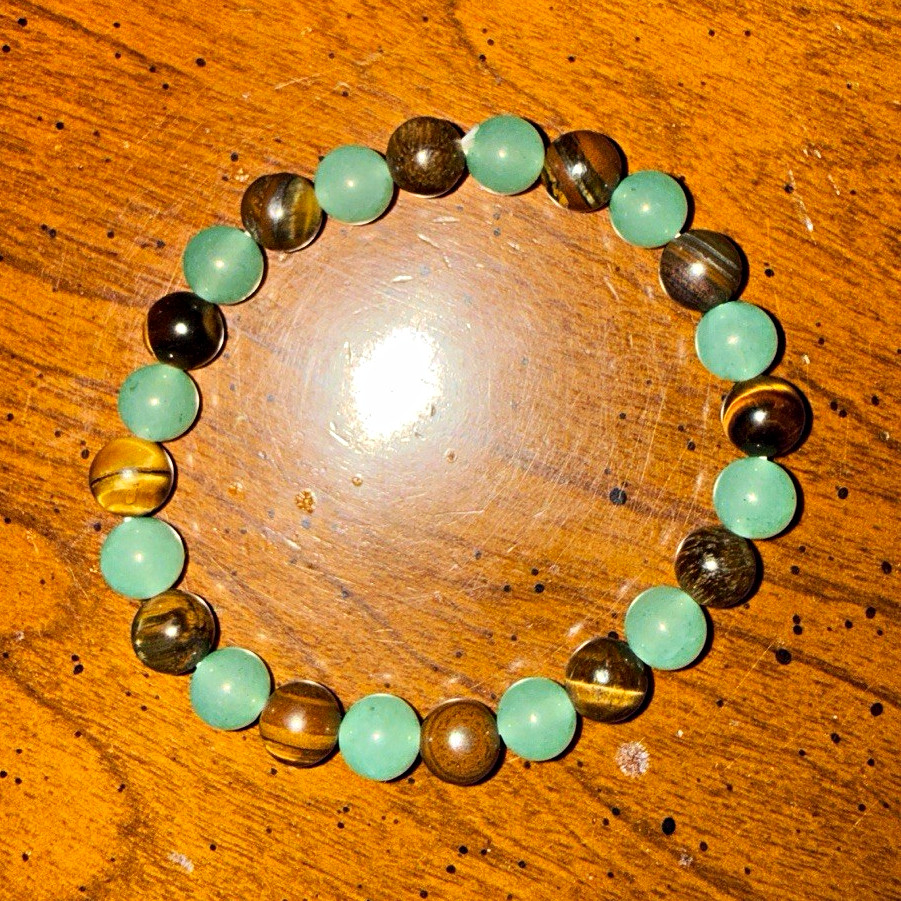 Natural Tiger’s Eye & Light Green Aventurine Bead Stretch Bracelet 8mm