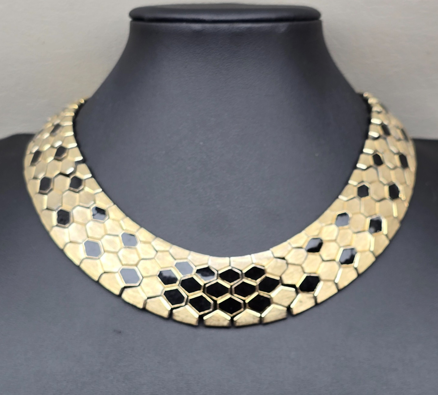 Gold Tone Necklace Serpent Scale Black Enamel Collar Honeycomb Hexagon Statement