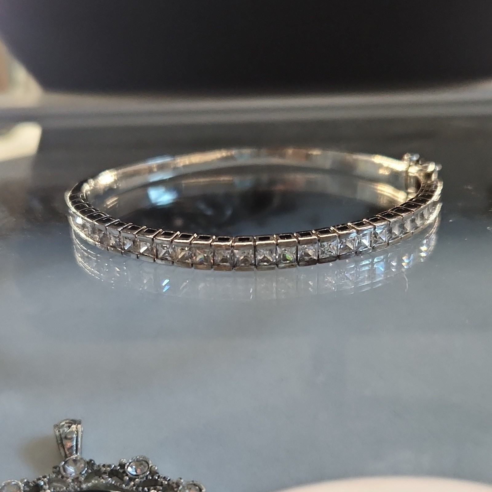 Silver 925 Tennis Bangle Bracelet Channel-Set Push Lock Closure Round
