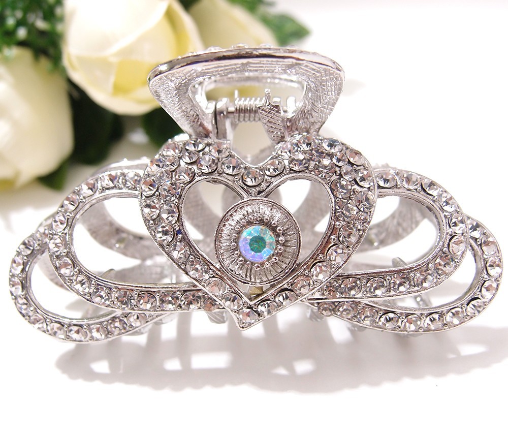 NEW Heart High Quality Alloy Metal Silver Crystal Hair Claws Clips fit long hair