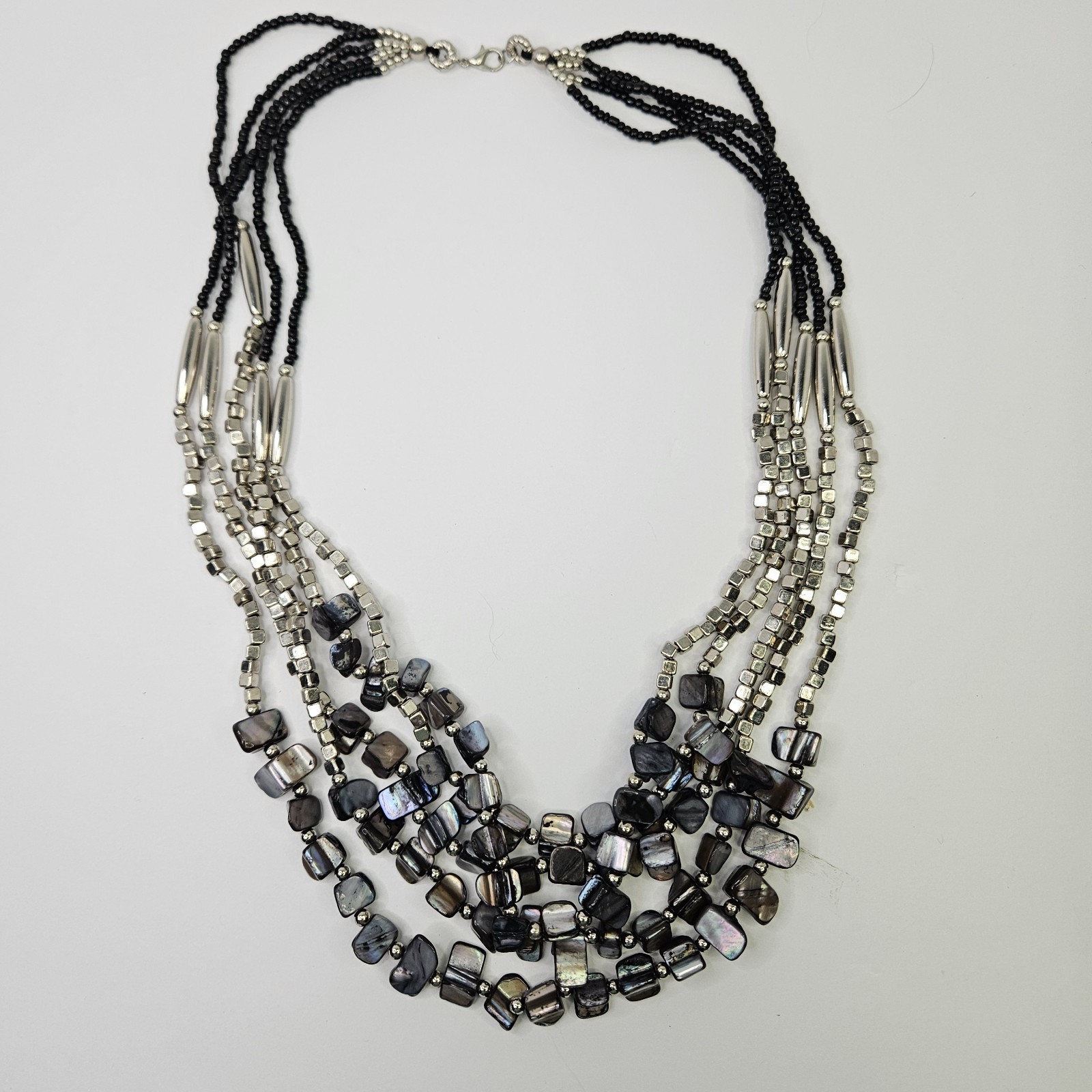 Womens statement Necklace Multi Strand cubic Metal, Iridescent Shell Seed Bead