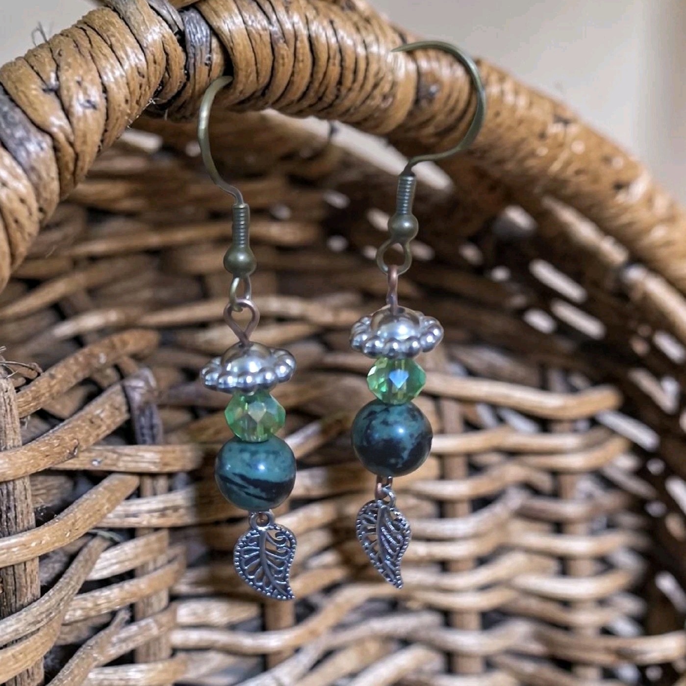 Glass Beaded Dangle Drop Hook Earrings Leaf Charm Blue Green Nickel-Free