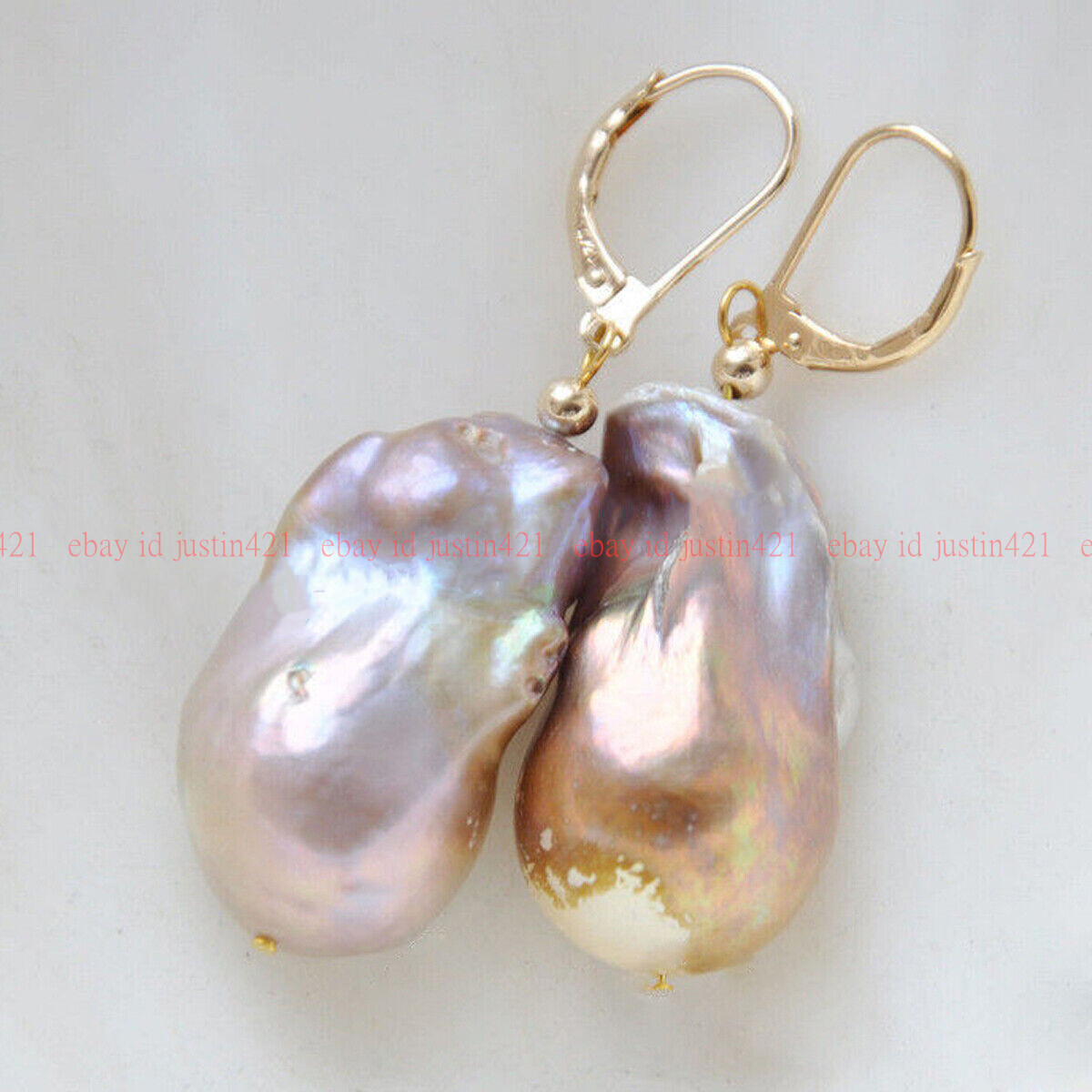 15-20mm Natural Purple Baroque Keshi Reborn Pearl Dangle Gold Leverback Earrings