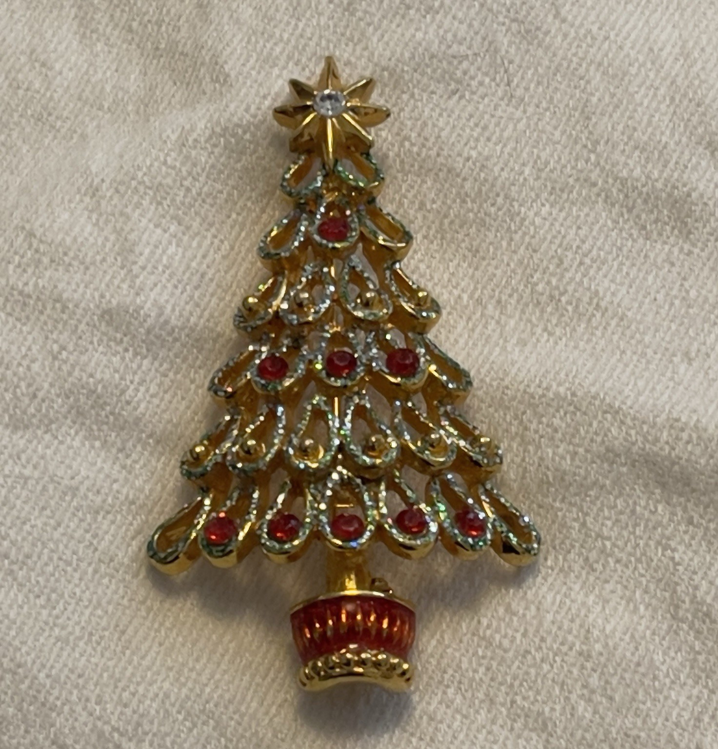 Vintage Christopher Radko Christmas Tree Brooch Pin Shiny Brite Gold Tone