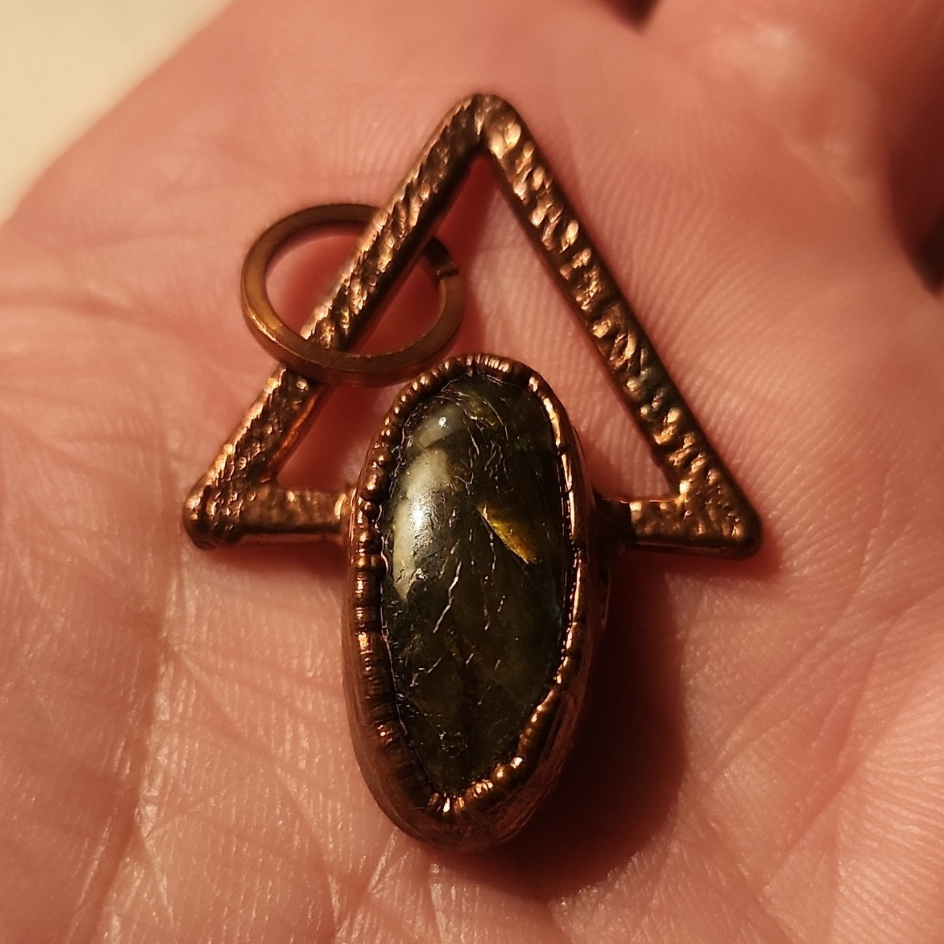 Gold Tone Triangle Charm Pendant w/ Green Oval Stone, Bezel Set