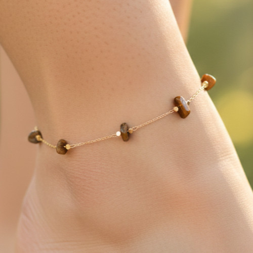 Gold Color Anklet 18K Gold Plated Minimalist Tiger Eye Brown Stone Design Anklet